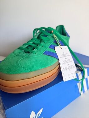 Adidas Gazelle Platform Green Suede Sneaker with Blue Stripes